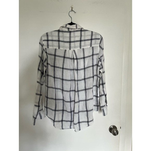 Grayson Anthropologie Size 1 (US XS) The Hero 100 Linen Plaid White Blue Button - Picture 6 of 6